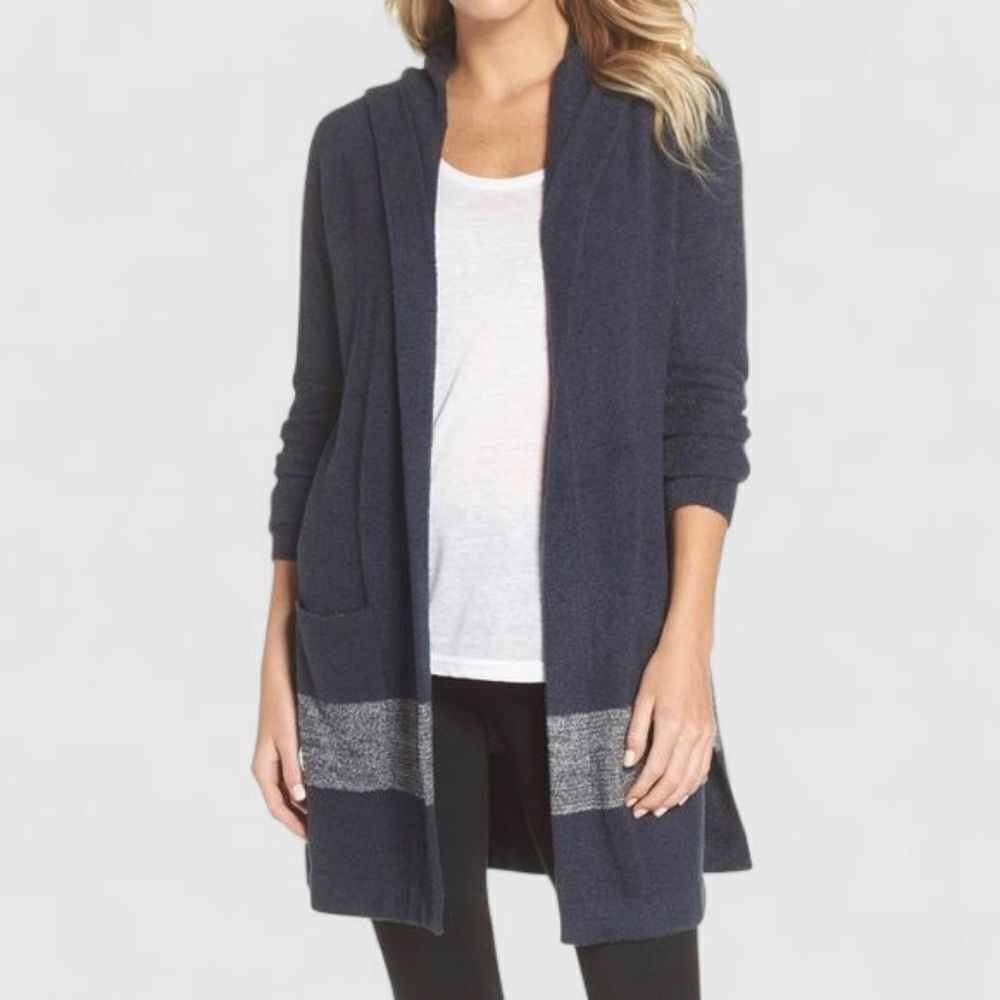 Barefoot Dreams CozyChic Lite Coastal Hooded Cardigan Navy and Gray